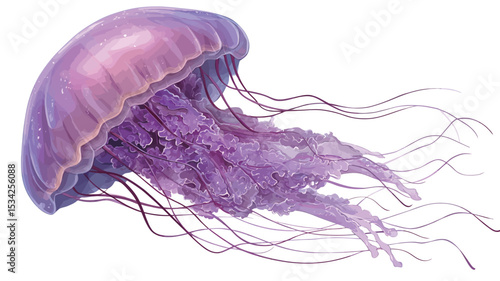 A digital rendering of a purple jellyfish against a white background. The jellyfish is shown in profile view, its bell is a light purple color shading to a deeper purple at the edges. Its numerous