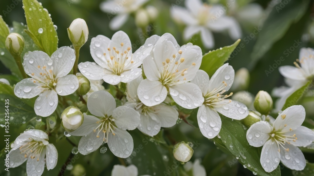 Fototapeta premium Close-up of delicate white flowers covered in morning dew.