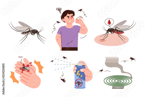 Mosquito bites and insecticide. Mosquito illustration collection.