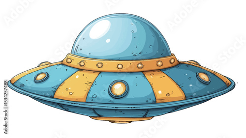 A digital illustration of a cartoon flying saucer. The saucer is predominantly light blue with yellow stripes and circular details. It has a dome-shaped top and a flat bottom. 