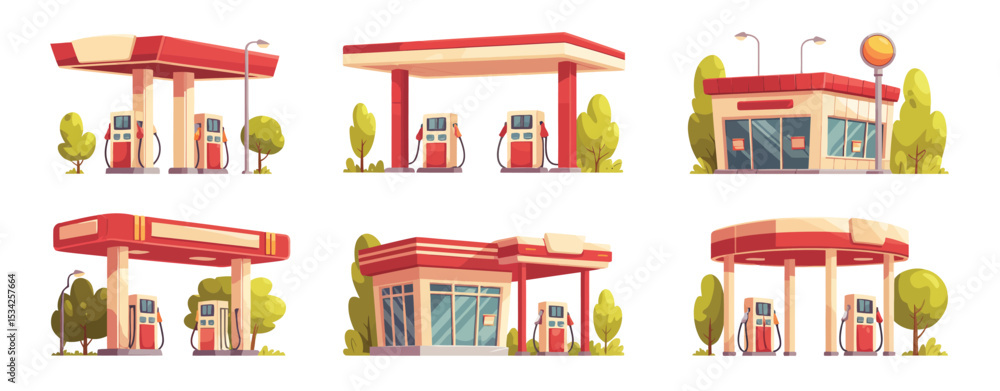 Six Different Cartoon Gas Station Designs with Pumps Six Different Cartoon Gas Station Designs with Pumps