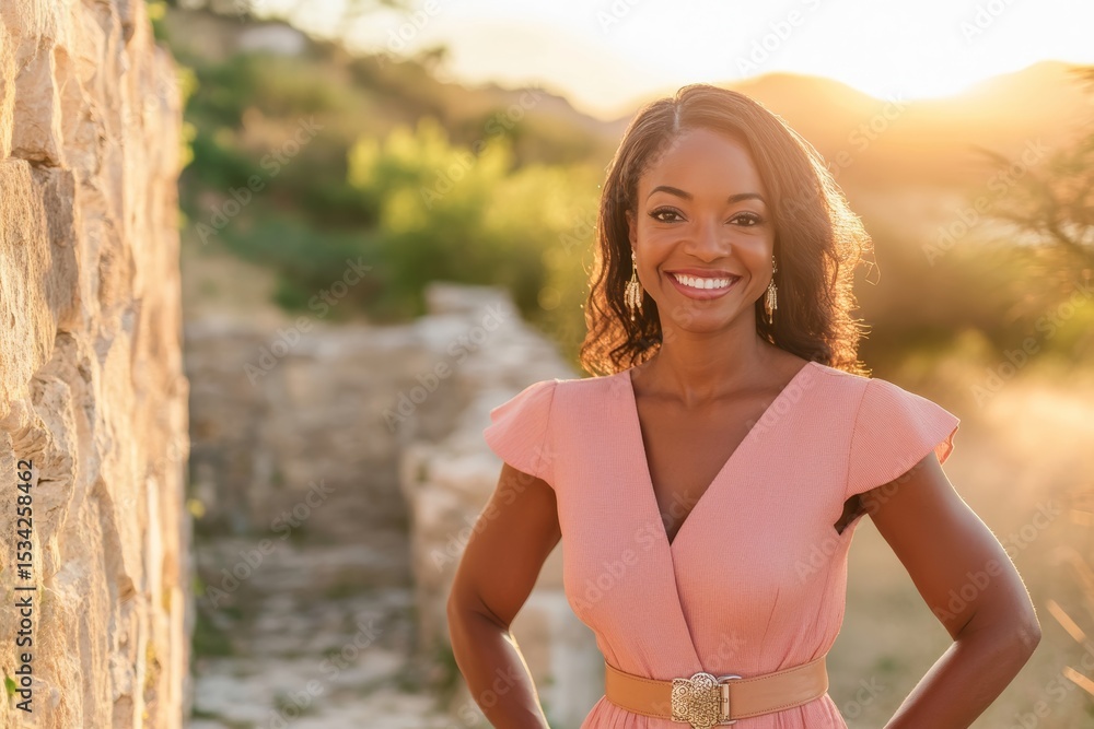 Confident african female enjoying sunset outdoors in nature Confident african female enjoying sunset outdoors in nature