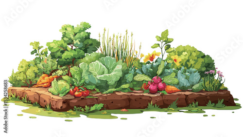 A digitally created illustration depicting a vibrant vegetable garden patch.  The patch is situated on a small mound of dark brown earth, surrounded by patches of green grass.  The garden features