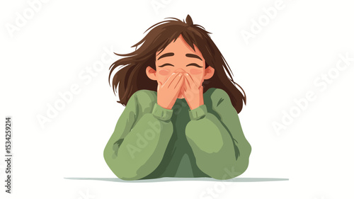 Digital illustration of a young woman with brown hair and a green sweater, covering her face with her hands while laughing. The style is cartoonish, with soft lines and colors. The background is