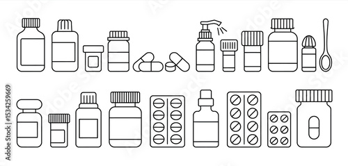 Collection of Medicine Bottles, Pills, and Tablets Line Art