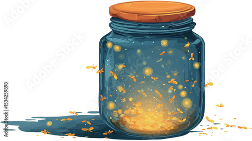 Digital illustration of a teal glass jar with an orange lid containing several glowing fireflies. The fireflies emit a yellowish light, creating a warm glow inside the jar.  The jar casts a shadow