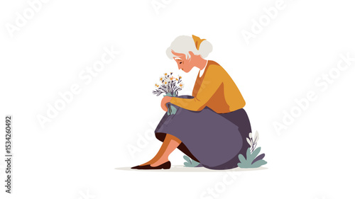 The illustration depicts a seated elderly woman with short gray hair pulled back in a bun, wearing a mustard yellow cardigan and a dark purple skirt. She is holding a small bouquet of light-colored