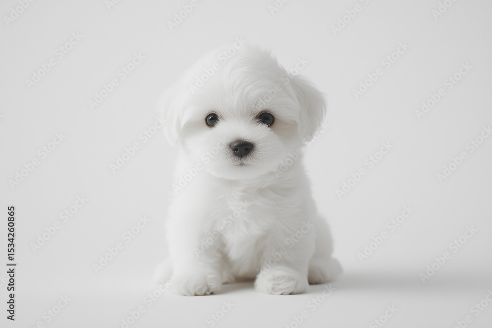 Adorable fluffy white puppy sitting on a clean background, showcasing its playful and curious nature Adorable fluffy white puppy sitting on a clean background, showcasing its playful and curious nature