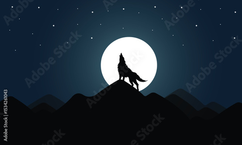 Wolf howling at the moon. Animal silhouette moonlight vector design. Vector illustration for use in polygraph and textile.