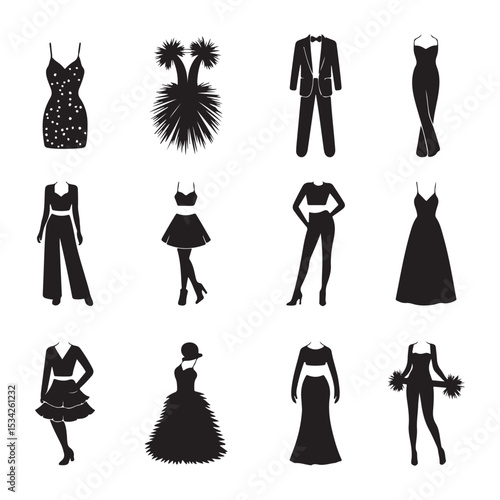 A collection of black silhouette illustrations showcasing a variety of women's fashion styles vector art on white