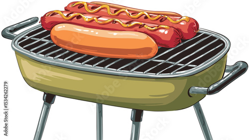 A digital illustration depicting two hot dogs on a small, olive-green portable barbecue grill. The hot dogs are partially cooked and have yellow mustard drizzled on top. The grill has a metallic