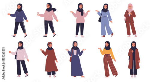 Diverse collection of fashionable muslim women wearing hijab in various poses and outfits