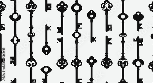 Collection of vintage key silhouettes arranged in a seamless pattern vector