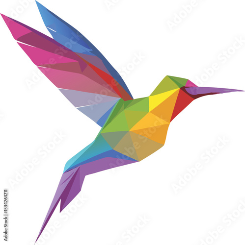 colorful geometric hummingbird, abstract low poly bird, vibrant polygonal hummingbird, cubist style hummingbird, vivid triangular hummingbird, modern polygonal hummingbird illustration
