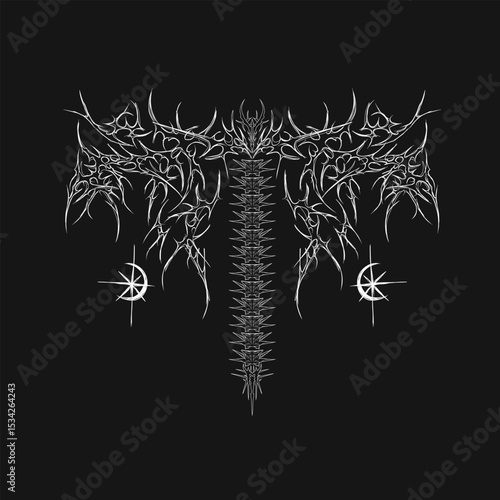 Neo tribal vector design with symmetrical freehand shapes in cyber sigilism style, perfect for streetwear, tattoos, and digital occult aesthetics