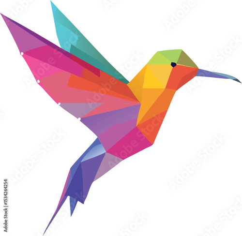 colorful geometric hummingbird, abstract low poly bird, vibrant polygonal hummingbird, cubist style hummingbird, vivid triangular hummingbird, modern polygonal hummingbird illustration
