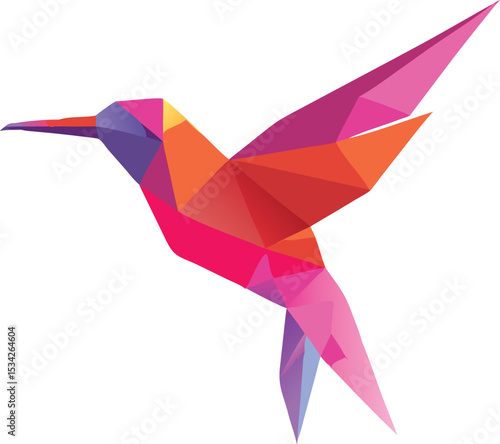 colorful geometric hummingbird, abstract low poly bird, vibrant polygonal hummingbird, cubist style hummingbird, vivid triangular hummingbird, modern polygonal hummingbird illustration
