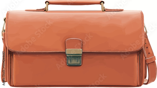 ​
A tan or light brown leather briefcase is centered in the image. The briefcase has a rectangular shape with a flap closure secured by a metal clasp