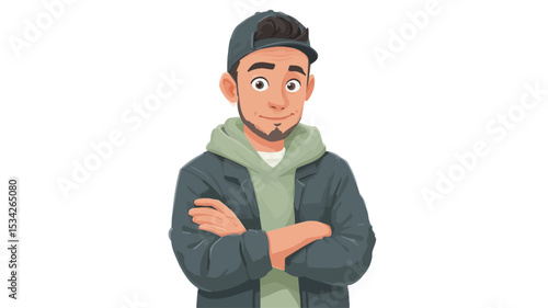 A cartoon drawing depicts a young man with a light complexion and dark hair. He is wearing a dark gray baseball cap, a light green hooded sweatshirt, and a dark gray jacket.