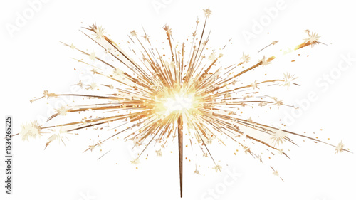 The image shows a lit sparkler against a stark white background. The sparkler is centered in the frame and exhibits a radial burst of bright,