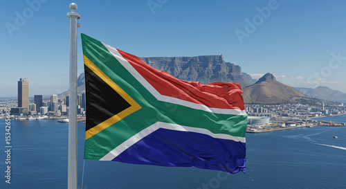 South Africa Flag Waving Cape Town Table Mountain View
