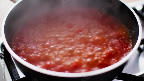 Simmering tomato sauce in pot with bubbling motion captured from above