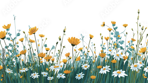 The image shows a vibrant field of wildflowers set against a stark white background. The flowers are densely packed, creating a colorful and lively scene.
