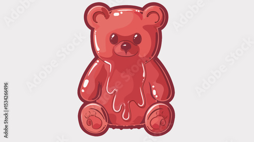A cartoon drawing depicts a bright red gummy bear against a plain, light gray background. The gummy bear is centered in the frame and appears to be sitting upright.