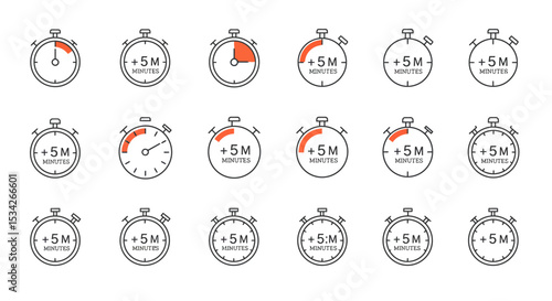 Stopwatch illustrations displaying additional time increments with clear and concise design