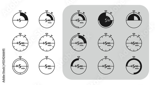 Set of timer icons representing time intervals, isolated with grey background