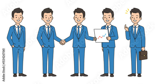 Illustrations showcase diverse scenarios of a young businessman in various engaging actions