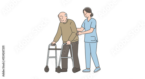 Illustration of a senior man using a walker being assisted by a caregiver nurse