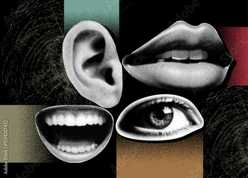 Collage of halftone style human ear, mouth, and eye representing the enhancement of your senses see clearly, speak effectively.