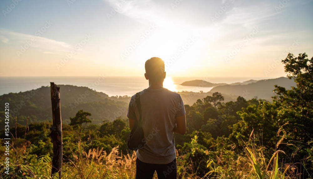Fototapeta premium Man Silhouetted Against Sunset Over Ocean and Lush Hills.