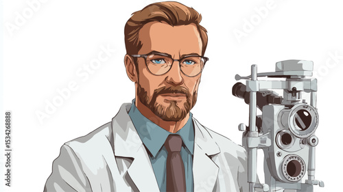 The image is a vector illustration of a male optometrist or ophthalmologist. He has light brown hair and a beard, and he is wearing glasses, a white lab coat, and a tie. He has a serious
