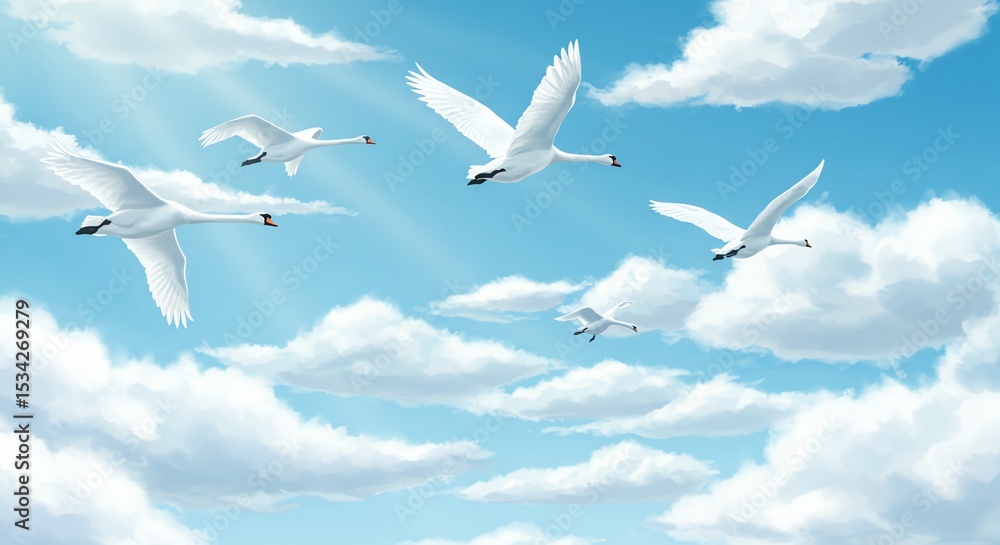 Fototapeta premium Swans in Flight: Graceful Birds Against a Cloudy Blue Sky