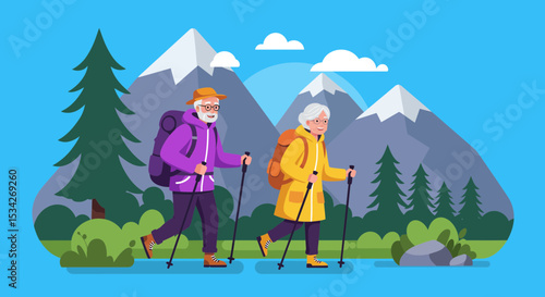 Active Senior Couple Hiking in the Mountains Enjoying Retirement and Nature Scenery