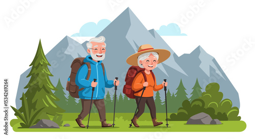 Happy senior couple hiking in mountains, enjoying active retirement lifestyle