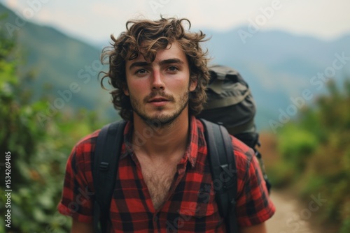Young male hiker in red plaid shirt exploring mountain trail