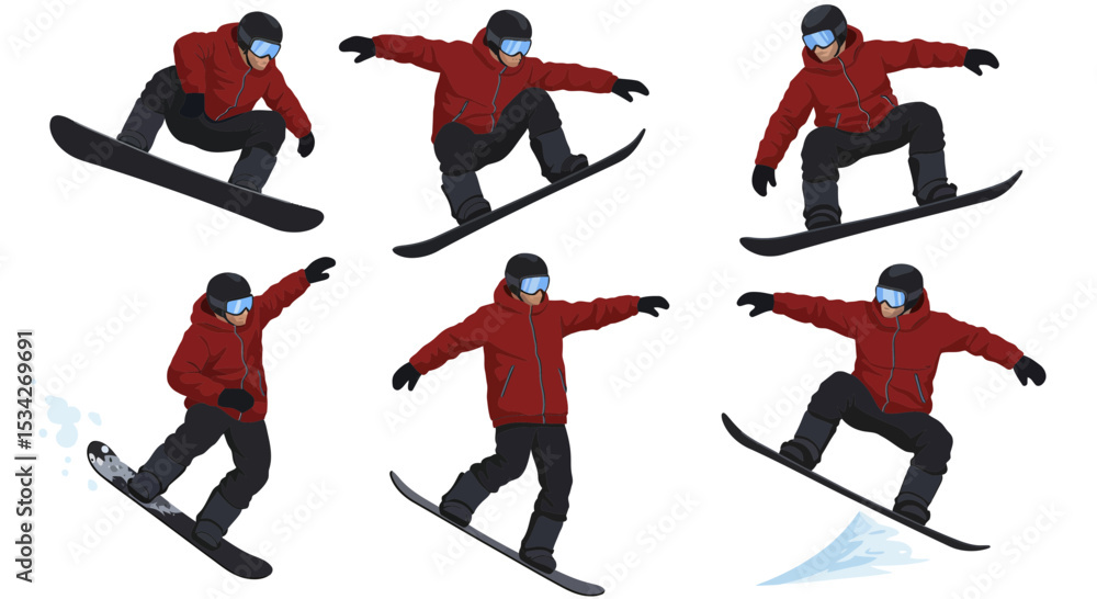 Naklejka premium Dynamic Snowboarder Illustration Set Displaying Action and Style for Winter Sports