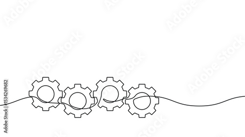 Hand drawn gear wheels illustration with continuous line drawing style. Minimalist black line industrial concept of mechanical element sketch isolated on white background. Vector illustration