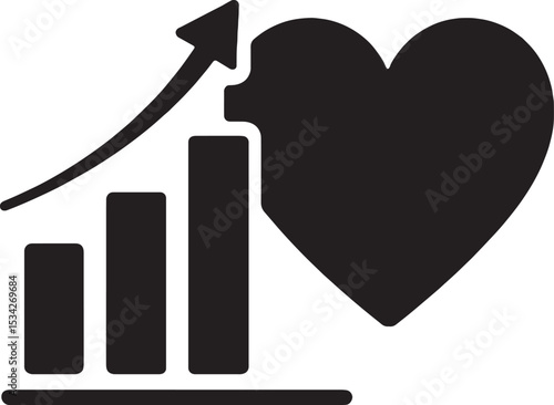 Bar graph rising next to heart, black icon on white background