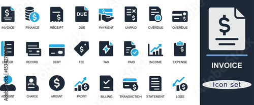 Solid  invoice icon set. Featuring billing, receipt, payment, due, paid, tax, and finance symbols. Ideal for business, accounting, and UI design projects.