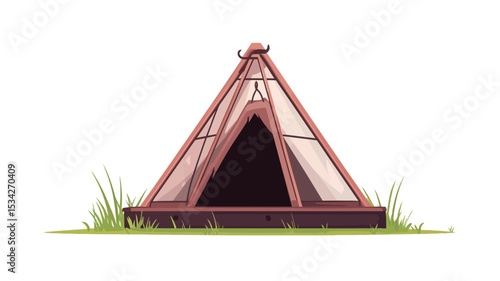 A digital illustration of a teepee tent against a white background. The teepee is depicted in a cartoonish style with a reddish-brown base and off-white canvas sides. The entrance is open,