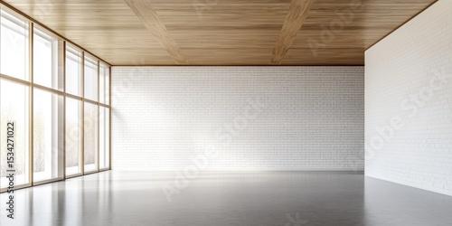 Empty room with large windows and a light-colored wooden ceiling