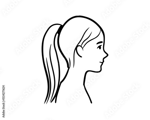Girl Head Silhouette Child Profile with Ponytail | Black Vector Portrait Illustration Isolated on White