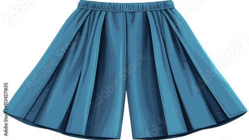 Close-up studio shot of a pair of teal-colored culottes. The culottes are made of a smooth fabric and feature a pleated design. The pleats are evenly spaced and extend from the waistband to the