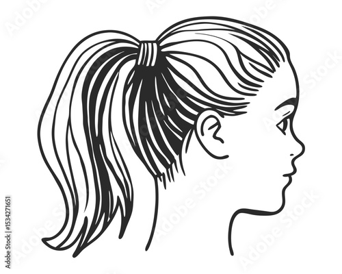 Girl Head Silhouette Child Profile with Ponytail | Black Vector Portrait Illustration Isolated on White