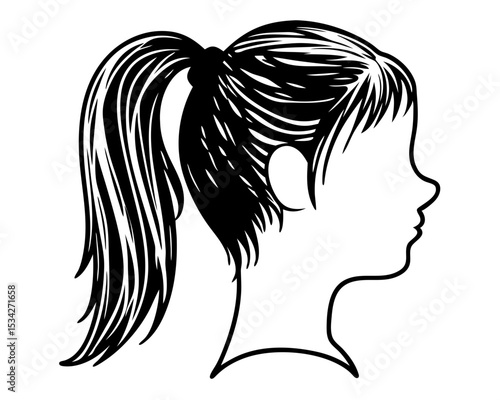 Girl Head Silhouette Child Profile with Ponytail | Black Vector Portrait Illustration Isolated on White