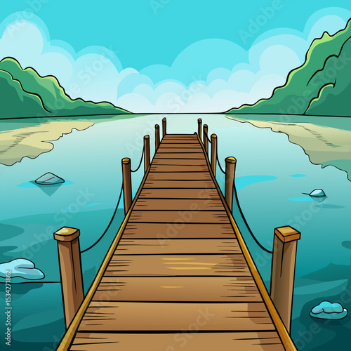 Long Wooden Pier Extending into Foggy Lake Vector illustration